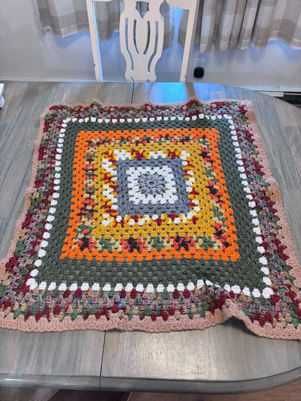 VTG Handmade Granny Square Crochet Lap Blanket MCM Gold Green Orange Brown 31x29